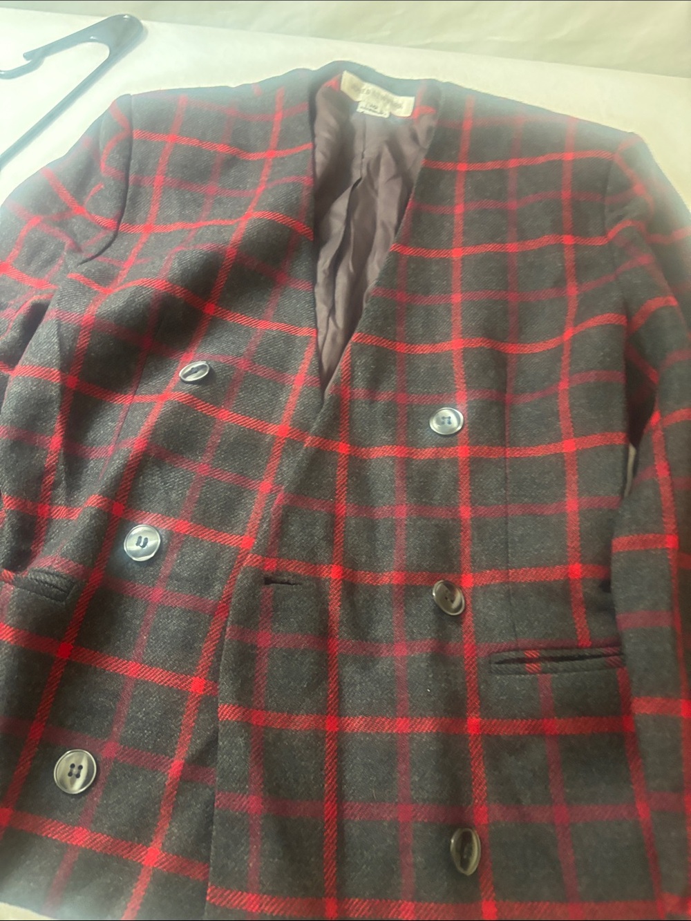 Jones New York Red & Black Plaid Double-Breasted Pea Coat. Vintage 100% Wool.